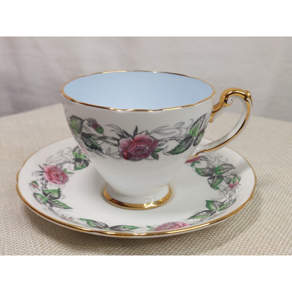 Hammersley England Bone China Teacup Saucer Pink Rose Garland Powder Blue Gold